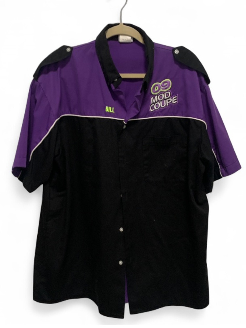 Y2K Speed Zone Two-Tone Purple & Black Racing Short-Sleeve Button Down Shirt